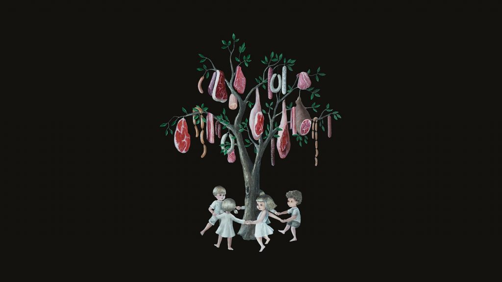 Vegan Art, Carnism, Speciesism, Berlin Illustrator, Veganism, Pop Surrealism, Lowbrow, Tree, Dancing Children, Black, Meat, Sausages