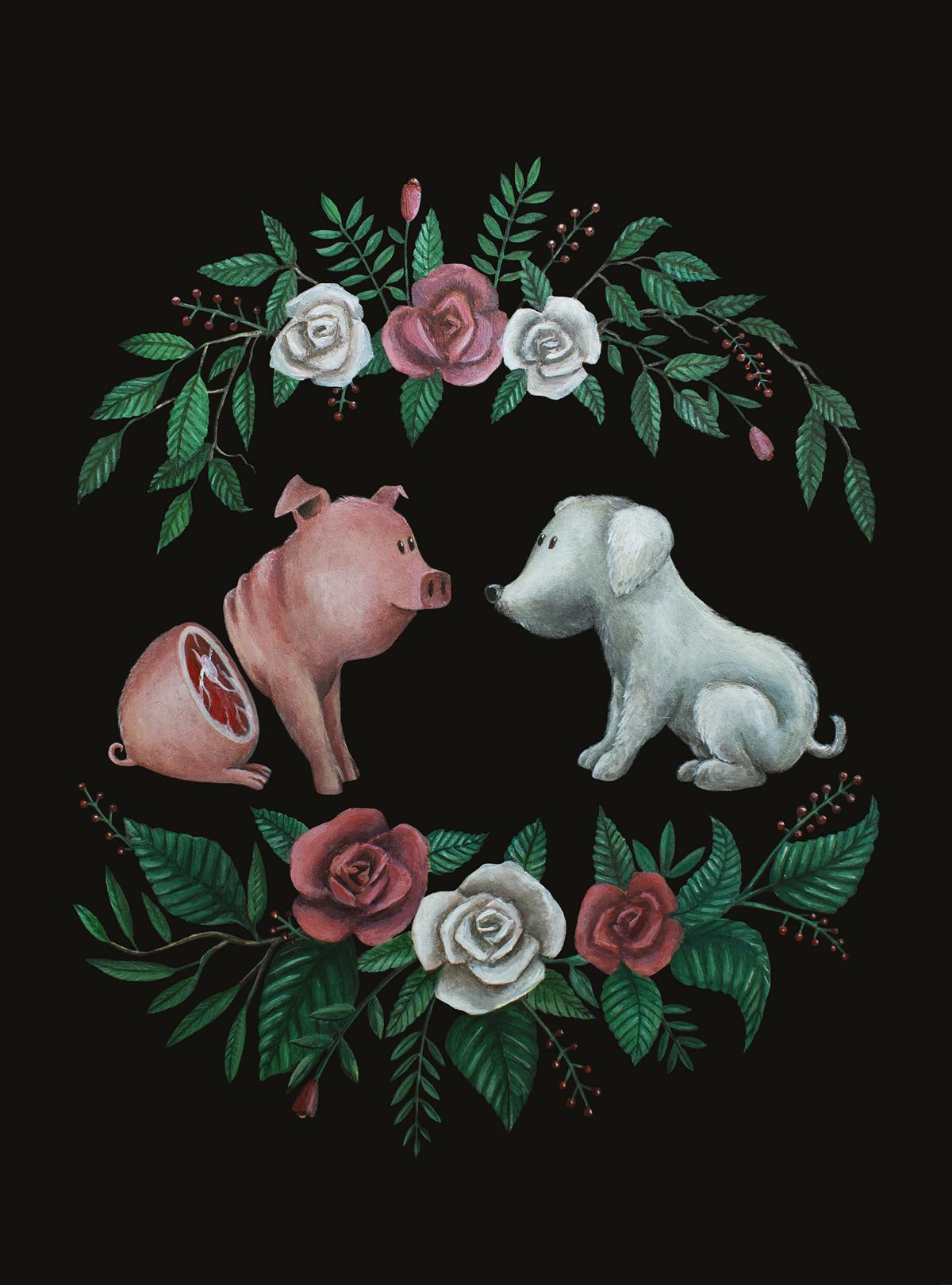 Speciesism, Speziesismus, carnism, Karnismus, dog, pig, veganism, meat, bouquet, roses, mushrooms, black, illustration, pop surrealism, Berlin, Illustratorin