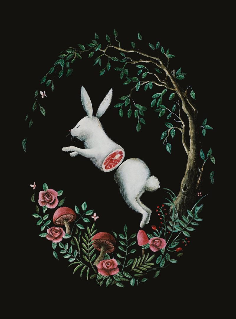 Bunny, Rabbit, Apart, Black, Illustration, Dark, Art, Illustrator, Carnism, Flowers, Forest, Tree, Roses, Pop Surrealism, Painting