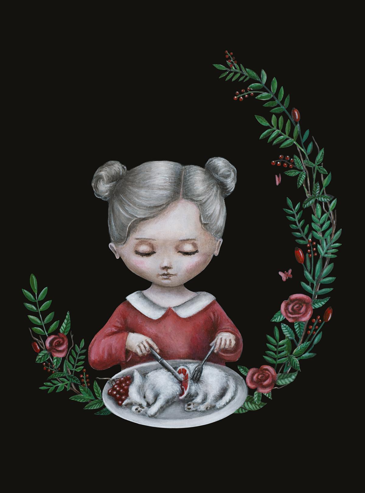Carnism, Speciesism, Speziesismus, Cat, Eating, little girl, Illustration, Bouquet, roses, dark art, pop surrealism