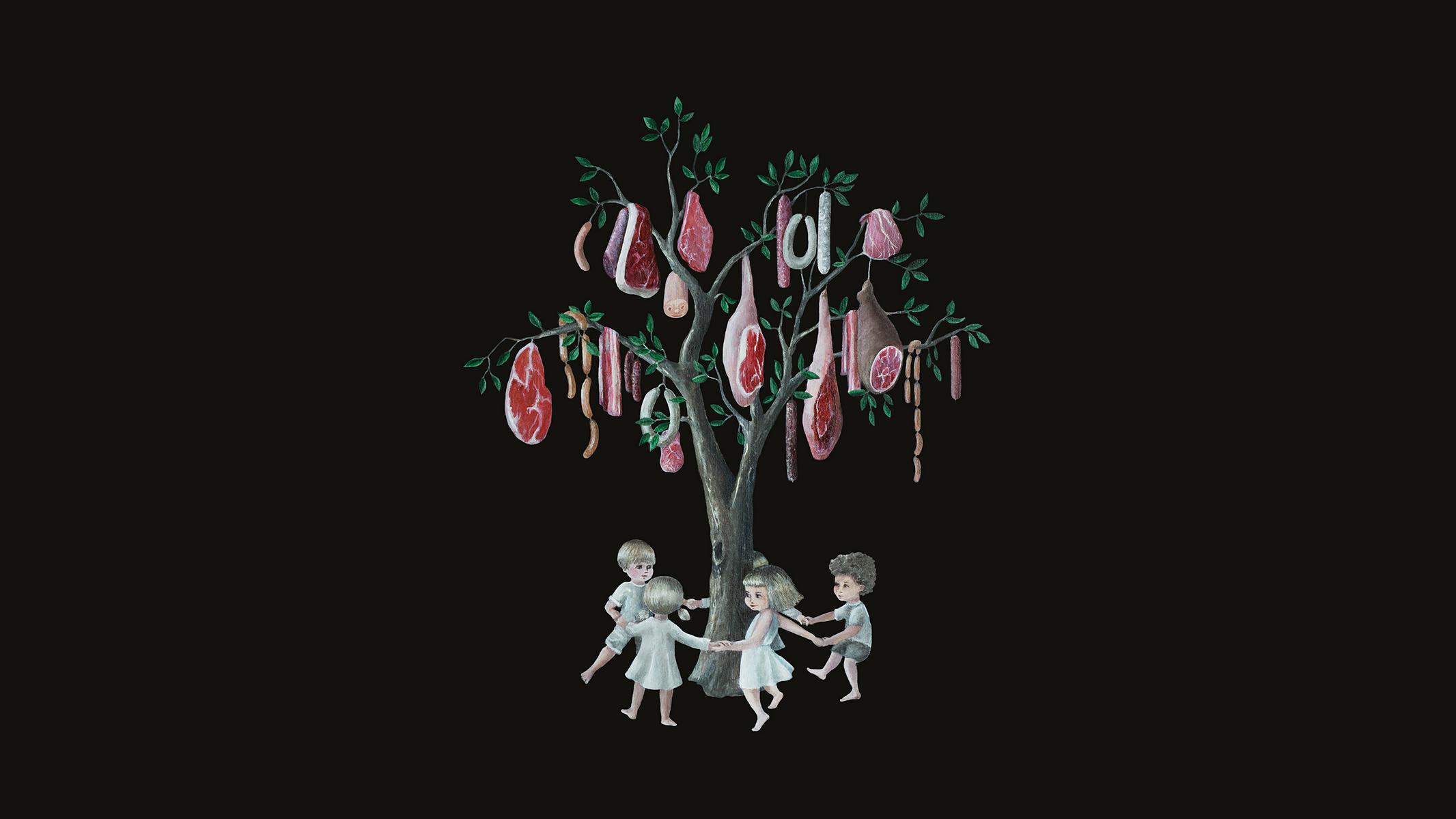 Vegan Art, Carnism, Speciesism, Berlin Illustrator, Veganism, Pop Surrealism, Lowbrow, Tree, Dancing Children, Black, Meat, Sausages